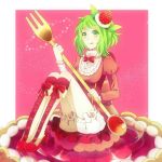  achiki bloomers boots dress food food_as_clothes food_themed_clothes fruit green_eyes green_hair gumi looking_at_viewer short_hair solo strawberry vocaloid 