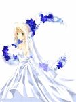  ahoge blonde_hair blush bouquet bow breasts bridal_veil cleavage dress fate/stay_night fate_(series) flower green_eyes saber smile solo veil wedding_dress white_s 