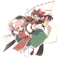  bandage bandages bow breasts brown_eyes brown_hair bun_cover chinese_clothes detached_sleeves double_bun flower hair_bow hair_tubes hakurei_reimu ibaraki_kasen large_breasts long_hair multiple_girls outstretched_arms pink_hair puffy_sleeves red_eyes rose shackle short_hair short_sleeves skirt tabard thigh-highs thighhighs touhou white_legwear yaegashi_nan 