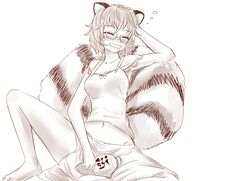  ^_^ animal_ears barefoot blush closed_eyes drooling drunk eyes_closed futatsuiwa_mamizou glasses hiccup jug leaf leaf_on_head miyo_(ranthath) monochrome navel pince-nez raccoon_ears raccoon_tail short_hair skirt solo spread_legs tail touhou 