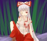  blood blood_on_face bloody_clothes boots cross-laced_footwear dress_shirt fujiwara_no_mokou hair_ribbon long_hair miyo_(ranthath) open_mouth red_eyes ribbon shirt silver_hair solo suspenders tears torn_clothes touhou very_long_hair wince wink 