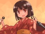  bob_cut brown_hair japanese_clothes kimono kouno_hikaru open_mouth original red_eyes smile solo weapon yukata 