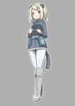  animal_ears blonde_hair blush boots elma_leivonen green_eyes grey_background military military_uniform nacl pantyhose short_hair simple_background solo strike_witches tail uniform white_legwear 