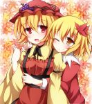  aki_minoriko aki_shizuha blonde_hair blush food fruit grapes hair_ornament hat leaf maple_leaf multiple_girls red_eyes short_hair siblings sisters smile taku10 touhou wink yellow_eyes 