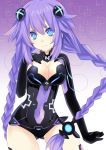  blue_eyes bodysuit braid breasts choujigen_game_neptune cleavage cleavage_cutout ears hair_ornament highres kami_jigen_game_neptune_v large_breasts long_hair looking_at_viewer mikan_no_shiru navel neptune_(choujigen_game_neptune) purple_hair purple_heart see-through smile solo symbol-shaped_pupils twin_braids very_long_hair 