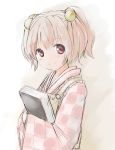 apron bell blush book checkered clothes_writing hair_bell hair_bobbles hair_ornament holding holding_book looking_at_viewer motoori_kosuzu pink_hair red_eyes sketch smile solo touhou twintails uhhohho 