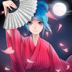  alternate_hairstyle blue_eyes blue_hair fan full_moon hatsune_miku holding japanese_clothes looking_at_viewer moon nail_polish noboes petals smile solo vocaloid wind 