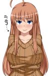  ahoge alternate_hair_length alternate_hairstyle blue_eyes blush breast_hold breasts brown_hair crossed_arms huge_ahoge huge_breasts long_hair maru_(maruttona) maruttona minoru_oba o-cup-chan orange_hair original ribbed_sweater simple_background smile solo sweatdrop sweater translated translation_request white_hair 