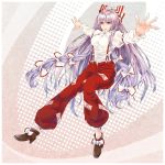  arkatopia bangs blunt_bangs bow dress_shirt fujiwara_no_mokou full_body hair_bow hair_ribbon lavender_hair long_hair outstretched_arms pants red_eyes ribbon shirt shoes silver_hair smile solo spread_arms suspenders touhou tress_ribbon very_long_hair 