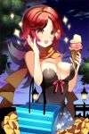  bag bangs bare_shoulders bow breasts cleavage food frilled_skirt grin holding ice_cream lamppost long_hair lowres night odeu open_mouth orange_eyes outdoors parted_bangs pleated_skirt red_hair redhead ribbon scarf shopping_bag skirt smile sparkle star strapless sword_girls 