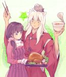  1girl alternate_hairstyle animal_ears animal_on_head apron bird bird_on_head black_hair bowl chopsticks couple food higurashi_kagome inuyasha inuyasha_(character) japanese_clothes lettuce long_hair mocha_y scrunchie striped sweatdrop turkey turkey_(food) white_hair yellow_eyes 