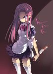  blood bloody_clothes bloody_knife blue_eyes bow character_name clenched_teeth dark_persona emily_(pure_dream) holding knife long_hair looking_at_viewer maid my_little_pony my_little_pony_friendship_is_magic personification pink_hair pinkie_pie reverse_grip simple_background skirt solo thigh-highs thighhighs white_legwear 