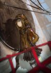  blurry brown_eyes brown_hair cable depth_of_field dutch_angle expressionless hands_in_pockets hat jacket long_hair looking_away original railing scarf shadow sidelocks solo star twh_(artist) wall 