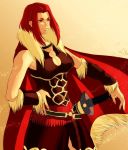  armor breasts cape cleavage fate/zero fate_(series) genderswap hisakinin large_breasts payot red_eyes red_hair redhead rider_(fate/zero) sheath sheathed short_hair solo sword weapon 