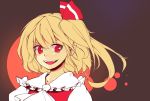  &gt;:d :d blonde_hair face flandre_scarlet no_hat no_headwear open_mouth peninsula_(disappearedstump) pointy_ears red_eyes short_hair side_ponytail slit_pupils smile solo touhou 