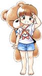  1girl barefoot brown_eyes brown_hair child flat_chest grin looking_at_viewer oyatsu_(mk2) short_hair shorts simple_background smile solo stuffed_animal stuffed_toy teddy_bear white_background 