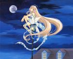  absurdres artbook bare_shoulders barefoot blonde_hair blue_background brown_eyes building chii chobits clamp dress full_moon highres interlocked_fingers lantern long_hair moon night night_sky official_art ribbon robot_ears scan side sky sleeveless sleeveless_dress solo star_(sky) starry_sky traditional_media very_long_hair white_dress 