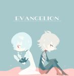  1girl albino ayanami_rei blue_hair kneeling nagisa_kaworu neon_genesis_evangelion plugsuit red_eyes silver_hair sitting 