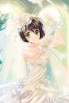  arms_up asmis bare_shoulders blush brown_hair collarbone dress flower gloves green_eyes grin lowres open_mouth outstretched_hand reum rose short_hair smile standing strapless sword_girls veil wedding_dress 
