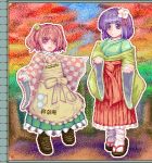  apron bell boots checkered clothes_writing flower hair_bell hair_ornament hieda_no_akyuu japanese_clothes motoori_kosuzu multiple_girls muyue_mitsudou open_mouth pixel_art purple_eyes purple_hair red_eyes red_hair redhead sandals smile socks touhou twintails violet_eyes wide_sleeves 