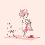  ankaris bow chair dress dressing gloves hair_bow kaname_madoka magical_girl mahou_shoujo_madoka_magica pink_background pink_hair short_twintails solo twintails 