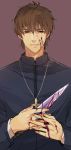  blood blood_on_face brown_eyes brown_hair cross cross_necklace fate/zero fate_(series) jewelry knife kotomine_kirei necklace purple_background simple_background smile solo zaqloxxx 