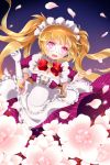  blonde_hair bow breasts cleavage clenched_hand flower frills gardener_maid glasses gloves long_hair lowres maid_headdress open_mouth petals pink_eyes ribbon striped surprised sword_girls tari twintails very_long_hair 