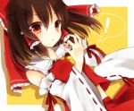  1girl :o ascot bow brown_eyes brown_hair colored detached_sleeves hair_bow hair_tubes hakurei_reimu hand_gesture looking_at_viewer midriff money_gesture purin_jiisan ribbon sae_(091688) shadow short_hair simple_background skirt solo speech_bubble spoken_exclamation_mark touhou wide_sleeves 