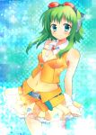  belt blue_eyes blush breasts cleavage goggles green_hair gumi headset midriff muraten navel skirt sleeveless smile solo vocaloid wrist_cuffs 