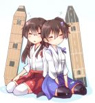  2girls akagi_(kantai_collection) brown_hair closed_eyes japanese_clothes kaga_(kantai_collection) kantai_collection leaning_on_person multiple_girls open_mouth personification ponytail sen&#039;yuu_yuuji side_ponytail sitting sleeping thighhighs wariza yokozuwari 