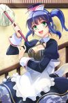  blue_hair bow breasts cleavage detached_collar dress feather_duster frilled_dress frills green_eyes grin hat holding layered_dress lowres maid open_mouth pinstripe_pattern side_ponytail smile striped sword_girls syokil 