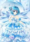 alternate_costume alternate_headwear bad_id bare_shoulders birdcage blue blue_eyes blue_hair blue_rose butterfly cage cirno dress flower frills gloves gyaza hairband ice ice_wings parasol rose short_hair solo touhou umbrella white_gloves white_rose window wings 