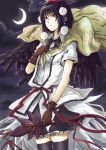  1girl black_hair black_wings bow cape cibo_(killy) crescent_moon fan gloves hat highres long_image moon night red_eyes shameimaru_aya skirt solo tall_image tokin_hat touhou wings 