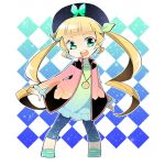 :d aqua_background argyle argyle_background bad_id beret blonde_hair blue_background capri_pants elle_mel_martha gradient gradient_background green_eyes hat jacket jewelry long_hair necklace no_nose open_mouth sgawarananto shoes smile solo spandex tales_of_(series) tales_of_xillia tales_of_xillia_2 twintails 