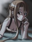  asuna_(sao) blush breasts brown_eyes brown_hair cleavage long_hair nightgown rough solo suemizu_yuzuki sword_art_online 