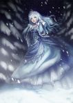  anikakinka blue_eyes blue_hair dress long_hair night open_mouth original snow solo tiara 