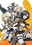  annie_leonhardt ass black_eyes black_hair blonde_hair blue_eyes blush boots christa_renz cover cover_image cover_page doujin_cover dual_wielding hair_up highres jacket kicking knee_boots mikasa_ackerman military military_uniform mouth_hold multiple_girls ookuma_(nitroplus) open_mouth sasha_braus sasha_browse scarf shingeki_no_kyojin short_hair speed_lines sword thigh_strap uniform weapon 