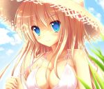  angel_koman bikini bikini_top blonde_hair blue_eyes breasts cleavage hat highres large_breasts long_hair looking_at_viewer original smile solo straw_hat swimsuit 