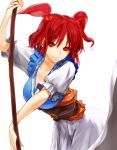  chirigami-san hair_bobbles hair_ornament large_breasts obi onozuka_komachi red_eyes red_hair redhead scythe short_hair short_twintails simple_background smile solo touhou twintails white_background 