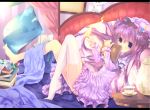  barefoot bed blush book crescent cup double_bun dress feet hat highres holding holding_book kettle long_hair looking_at_viewer magic maryquant no_shoes patchouli_knowledge pillow purple_eyes purple_hair saucer single_thighhigh sitting solo teacup thigh-highs thighhighs touhou violet_eyes white_legwear 