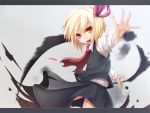  ascot blonde_hair bow darkness fang hair_bow hair_ribbon letterboxed long_sleeves looking_at_viewer open_mouth outstretched_arms outstretched_hand red_eyes revision ribbon rumia short_hair skirt skirt_set smile solo touhou wakame_mi 