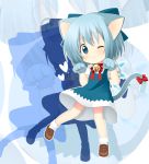  :3 animal_ears bell bell_collar blue_dress blue_eyes blue_hair cat_ears cat_tail cirno collar dress gloves heart kemonomimi_mode oniku-chan paw_gloves shirt short_hair short_sleeves solo tail tail_bow touhou wink zoom_layer 