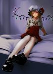  adapted_costume blonde_hair blush bow flandre_scarlet hat hat_ribbon kirieppa loafers on_bed pantyhose red_eyes ribbon shoes short_hair side_ponytail sitting skirt skirt_set smile solo touhou white_legwear wings wrist_cuffs 