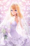  bangs bare_shoulders blonde_hair blue_eyes bouquet bow breasts cleavage collarbone dress earrings flower gloves holding jewelry long_hair lowres outstretched_hand pleated_dress rose rose_pacifica salt_(salty) smile strapless swept_bangs sword_girls tiara veil wedding_dress 