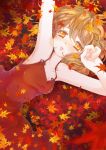  aki_shizuha arm_up armpits autumn_leaves blonde_hair blush collarbone dress iris_anemone lying on_back orange_eyes red_dress short_hair solo touhou 