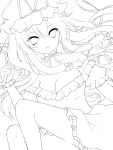  absurdres bare_shoulders bow breasts butterfly cleavage dress hair_bow hat hat_ribbon highres lineart long_hair monochrome parted_lips purin_jiisan ribbon smile solo touhou umbrella yakumo_yukari 
