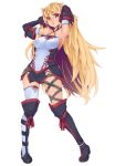  afurichin armpits arms_up blonde_hair boots breasts gloves highres long_hair milla_(tales_of_xillia_2) milla_maxwell mismatched_legwear red_eyes sideboob smile solo tales_of_(series) tales_of_xillia tales_of_xillia_2 white_background 