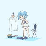  ankaris belt bike_shorts blue_background blue_hair cape chair clothes_hanger dressing gloves magical_girl mahou_shoujo_madoka_magica midriff miki_sayaka navel short_hair solo soul_gem 