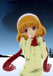  blonde_hair brown_eyes cardigan hairband kise_yayoi night precure scarf short_hair slowpit smile_precure! snow solo 