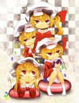  alternate_costume alternate_hairstyle blonde_hair character_doll checkered child chin_rest clone flandre_scarlet flat_gaze four_of_a_kind_(touhou) hand_on_head hat highres long_hair mantarou_(shiawase_no_aoi_tori) multiple_girls pointy_ears reading red_eyes remilia_scarlet short_hair side_ponytail sitting smile socks touhou wings 